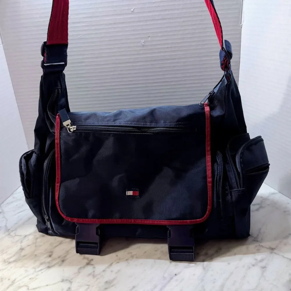 Vintage 90s Tommy Hilfiger Nylon Messenger Bag Navy Red – Multi-Pocket Crossbody